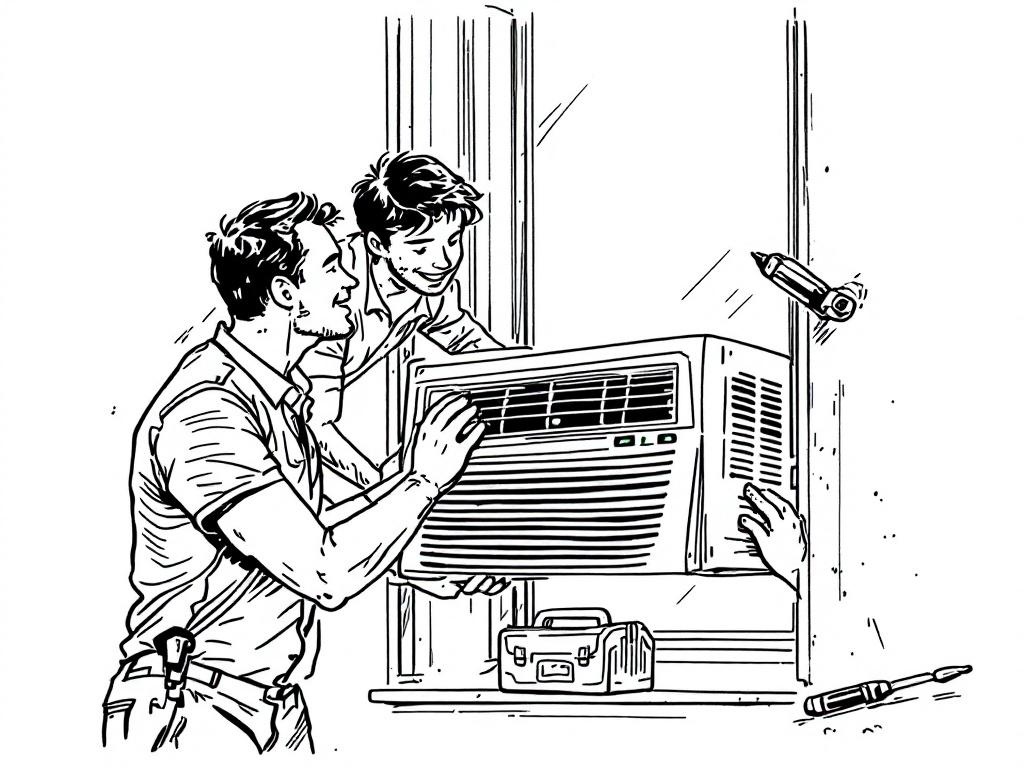 Two people working together to install a window air conditioner — one holding the unit steady from inside, the other guiding the side panels from outside.