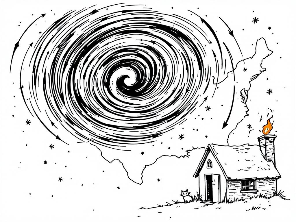 A wobbly polar vortex spiraling over a map of the United States, with a small house and a startled cat in Virginia at the bottom right.