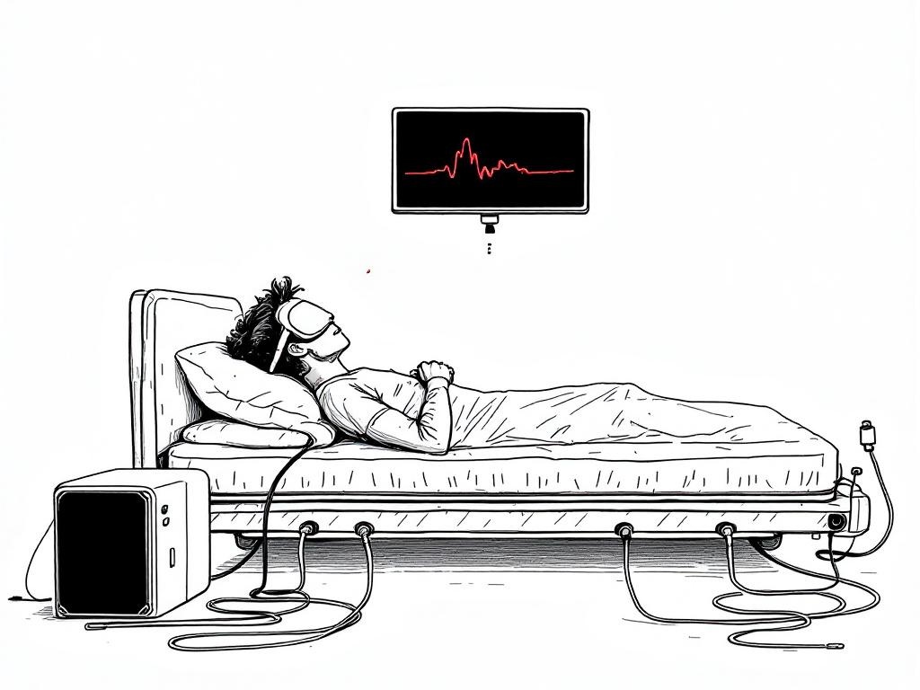 A bewildered person in a sleep mask lying on a smart bed, with thin water tubes coiling down to a refrigerator-sized hub on the floor and a tablet hovering overhead displaying biometric graphs.